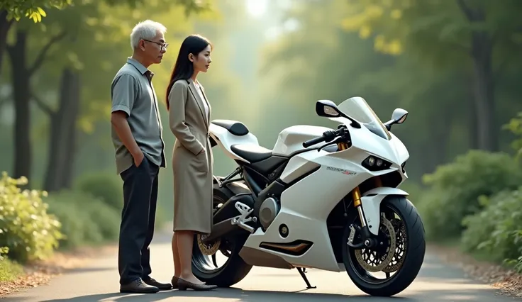 a beautiful asian 2 professor with an middle-age asian man standing by each other side watching their white sport motorcycle proudly from afar