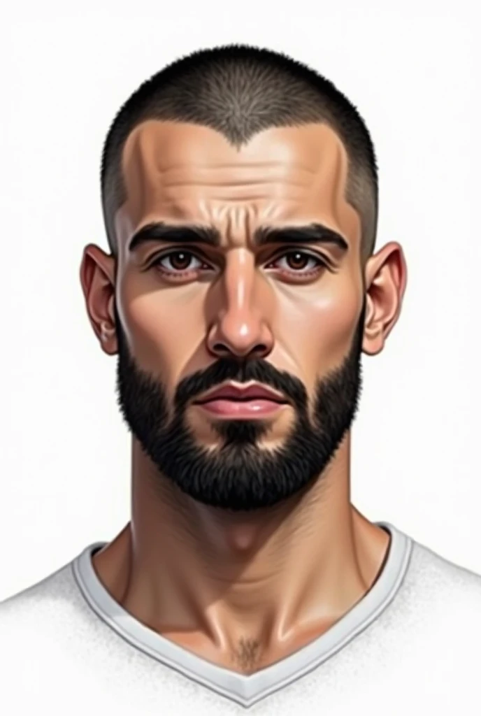 Can you create for me a realistic drawing in color on a white background of a man with 1 millimeter of hair and a very small beard in Saudi Arabia without eyes? 