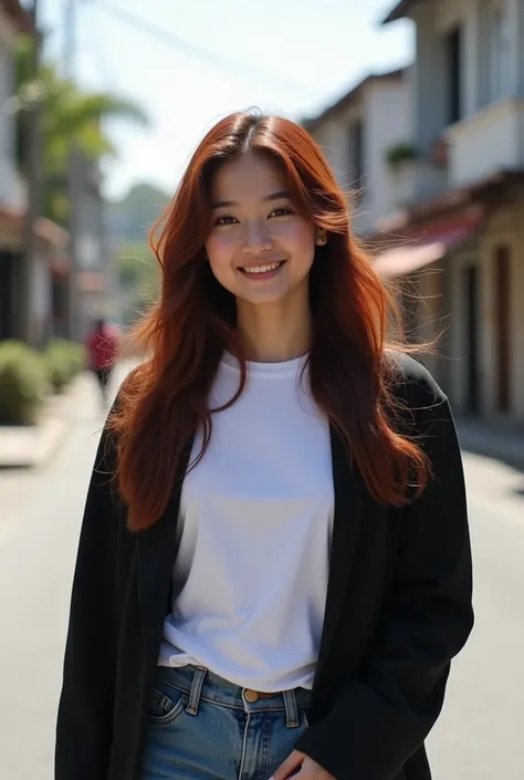 Beautiful girl long hair red maroon smile Indonesian Plain white t-shirt, black jacket,shoe Ket Walk shoulder clear sky bright 
Quite  street, Full-body real HD 16K 