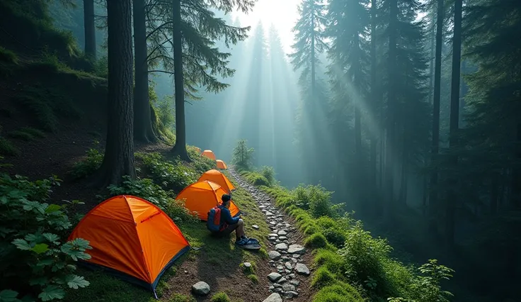 A serene forest campsite at Pos 2 Cibeureum along the Sukamantri trail. Tall, dense trees surround the area, with shafts of sunlight filtering through the canopy. In the foreground, a couple of small, brightly colored tents are pitched on the forest floor,...