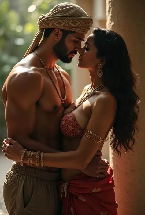 A handsome young muscular muslim man with a skullcap kissing a voluptous hindu woman