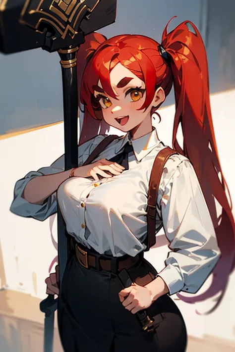 ((Best Quality)), ((masterpiece)), (detailed), One girl, 20 years old，Red Hair，Very long hair, Long twin tails，Deep yellow eyes，Big Eyes，drawn eyebrows，Malo eyebrows,Thick and short eyebrows，Oval eyebrows，Smiling Kindly，Slightly open mouth，White shirt，A hi...