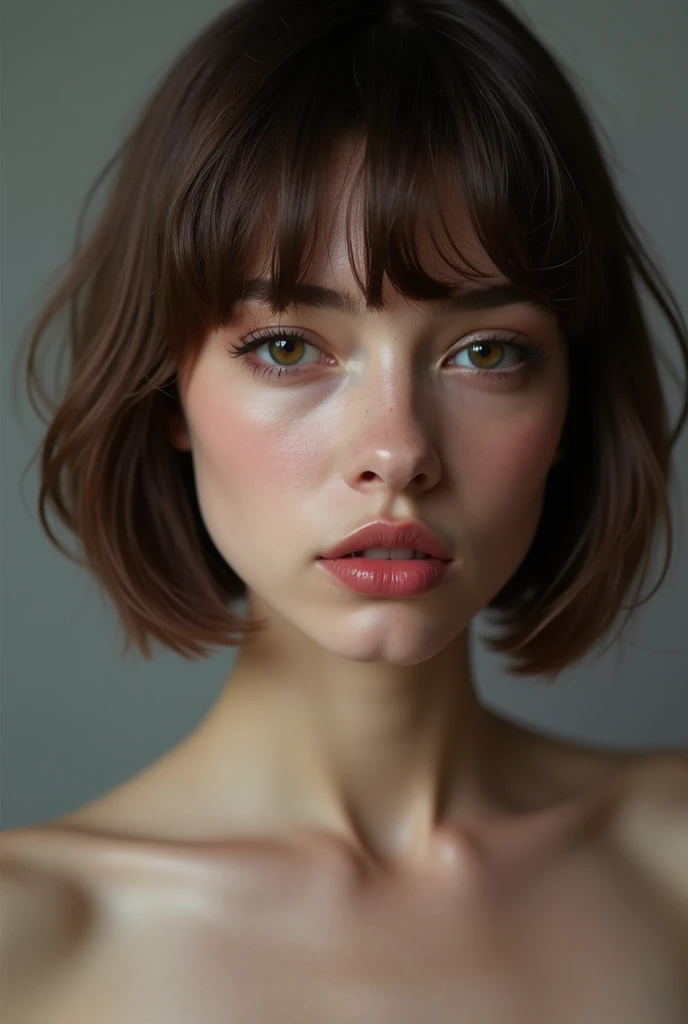 (((Photorealistic))), (35mm film), Nipples are visible, short bob cut with bangs, Sitting flat, Detailed eyes, Detailed double eyelids, Natural makeup, pink lips, Glay background, clear skin, Pale skin, Detailed depiction of pores, brown hair and Brown eye...