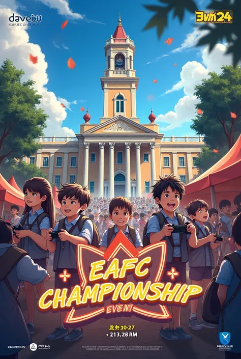 Create a poster for an EAFC 24 championship for Playstation 5 at a gastronomic fair at the Kitabu school, on Pedro Nunes Street, on September 28th from 11 am, created by the tenth grade, class A 
With the background of children
 Playing Playstation 5 