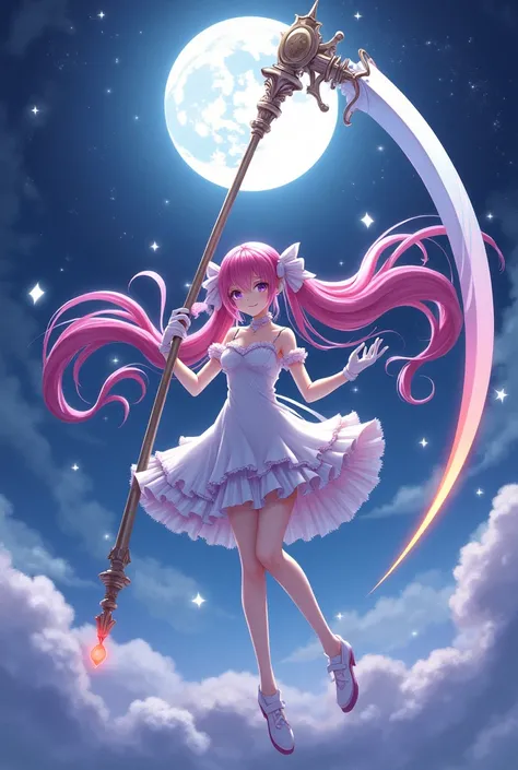 Pink long hair anime girl，White Gloves，short skirt dress，Night sky，giant scythe