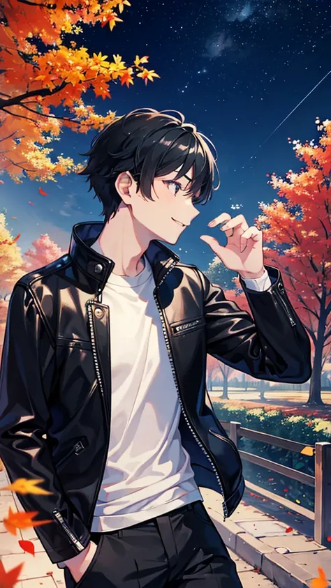 Best Quality、Young man looking up at the night sky、smile、[profile、Autumn scenery、Black leather jacket、Black Hair、1 male