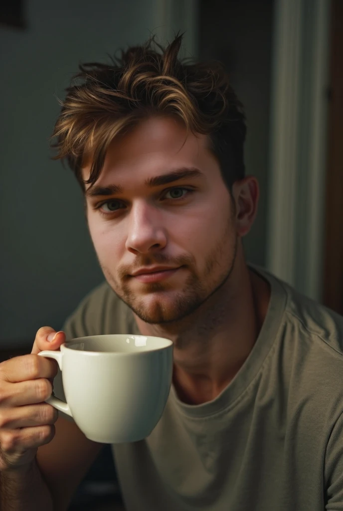 (close-up, amateur selfie photograph of a 23 yo average man, not too beautiful yet not ugly, taken with his phone, in a mirror, the phone partially hiding his face, the other hand holding a coffee mug, seen from the waist up, old plain t-shirt, boxer short...