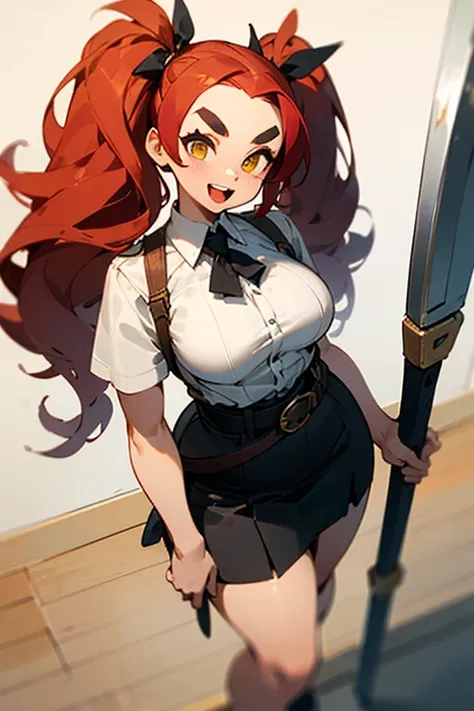 ((Best Quality)), ((masterpiece)), (detailed), One girl, 20 years old，Red Hair，Very long hair, Long twin tails，Deep yellow eyes，Big Eyes，drawn eyebrows，Malo eyebrows，Thick and short eyebrows，Oval eyebrows，Drooping eyebrows，Smiling Kindly，Kind Face，Slightly...