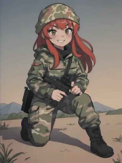 girl with smile and red hair, with a camouflage jacket, camouflage balaclava, camouflage pants and army boots.