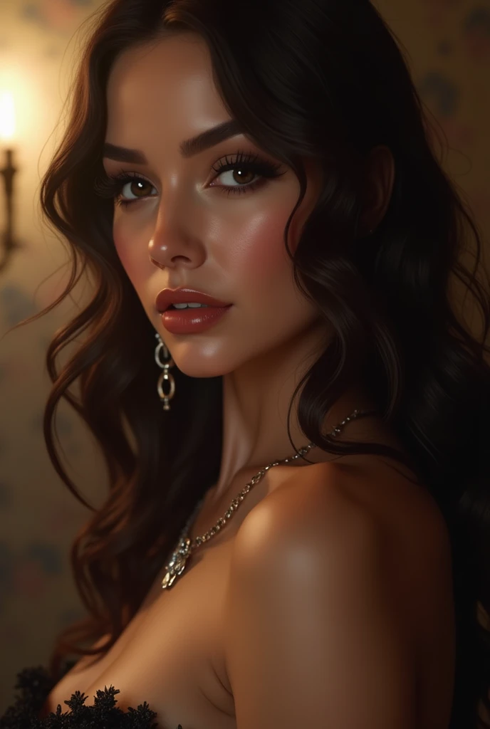 a curvy woman, detailed portrait, beautiful detailed eyes, beautiful detailed lips, extremely detailed face, long eyelashes, intricate jewelry, flowing hair, masterpiece, (best quality,8k,photorealistic,ultra-detailed),(dramatic lighting,chiaroscuro),(eleg...