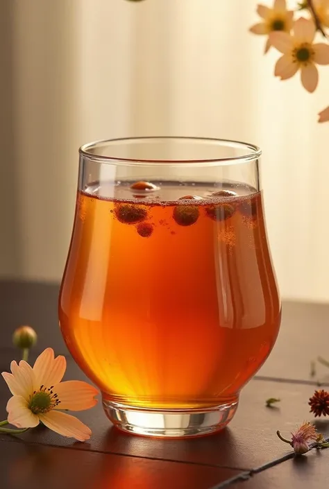 Authentic tea from the North, in a glass, orange in color, luxurious.
