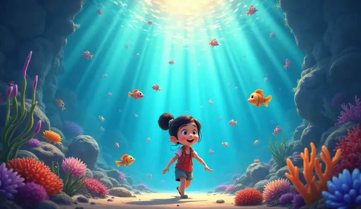 A sweeping, magical finale of the entire underwater ecosystem coming to life, with all the sea creatures dancing and swimming in harmony. The child explorer is smiling with joy, as if inviting viewers to join in on the fun.
   .3d animation cartoon. Disney...