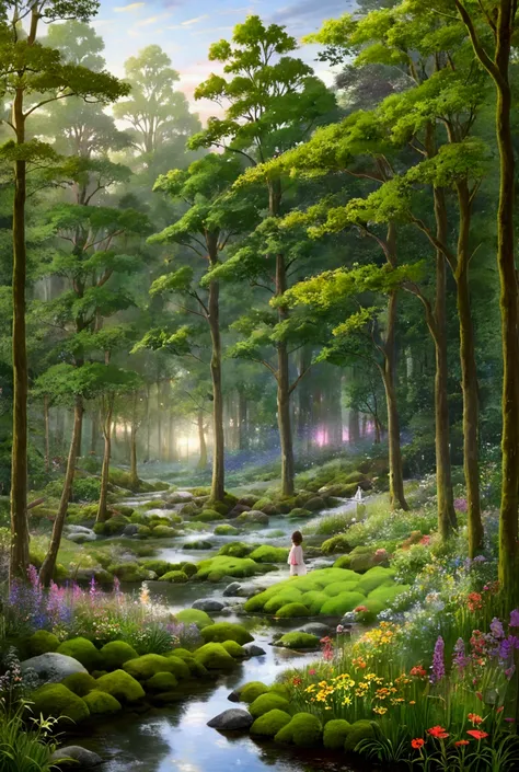 “a serene forest scene with soft morning light filtering through the trees. a small child stands in a peaceful stream, surrounde...