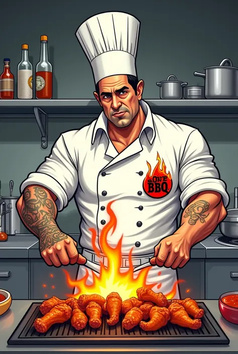 A cartoon of scarface working as a chef and making BBQ wings

