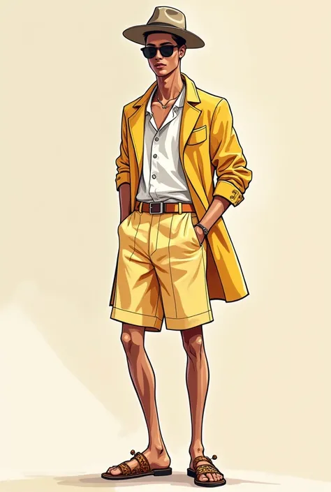 Illustrate male fashion figure with simple background . Wear summer clothes and it should be creative.easy to draw and color  figure wear accesories. Wear creative elegant summer wear. background simple need color ful. Front view full figure