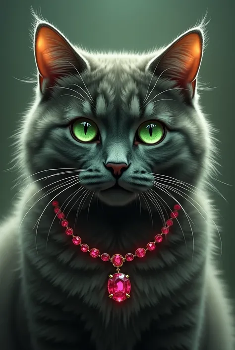 Portrait of a big round eyed emerald green cat on its neck Wearing a ruby necklace