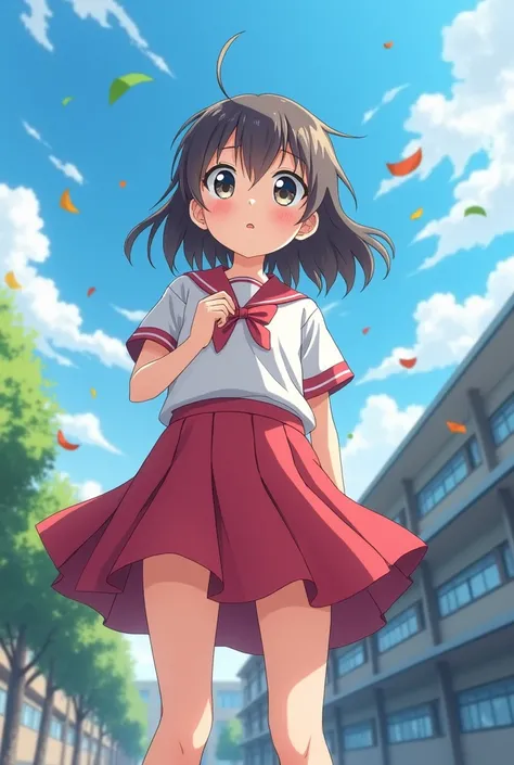 Looking up at an elementary school student in a skirt