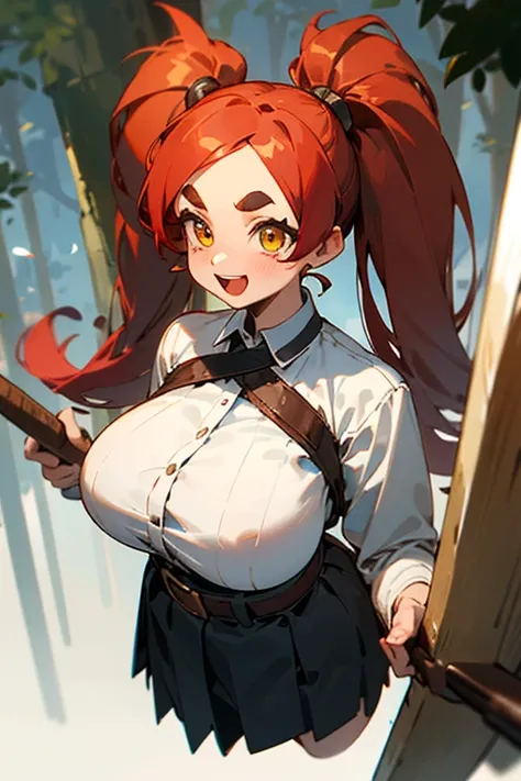 ((Best Quality)), ((masterpiece)), (detailed), One girl, Red Hair，bangs，Very long hair, Long twin tails，Deep yellow eyes，Big Eyes，drawn eyebrows，Malo eyebrows，Thick and short eyebrows，Circular eyebrows，Drooping eyebrows，Gentle eyebrows，Smiling Kindly，Kind ...