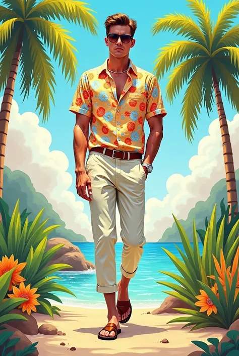 Illustrate male fashion figure wearing summer clothes with simple background . front full view need  and it should be creative need fancy one with background