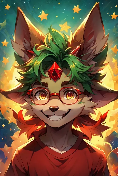 A male furry who has the color of a ruby color and very little horns on and has a green big fluff on his forehead and has kinda big ears and his pupils is a star and has glasses and smiling and with a red shirt