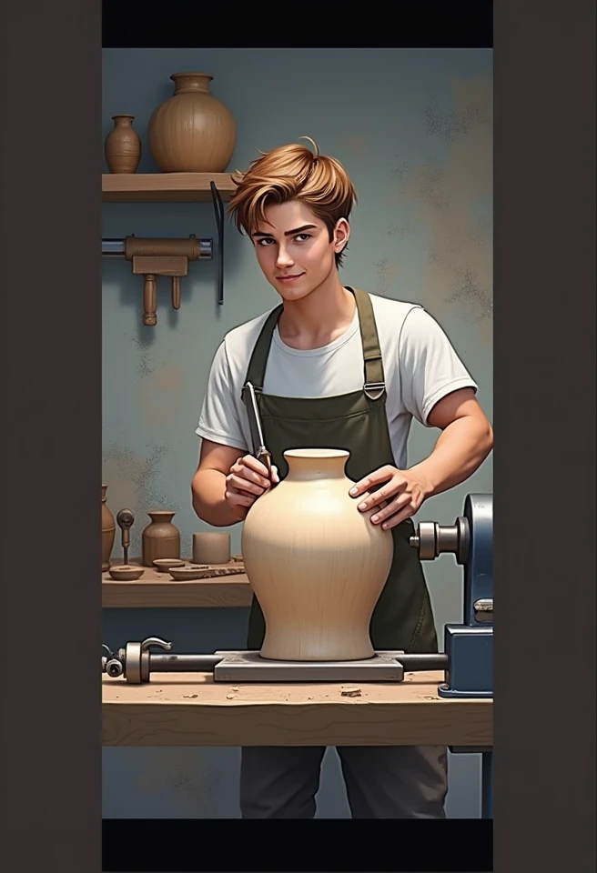 A young man have white complexion and handsome.He is short hair light brown colour.He is turneist.He create woodturning.He is standing infront of lathe machine and he is hold chisel and create woodturning a shape of a wooden vases.Vases is in the lathe mac...