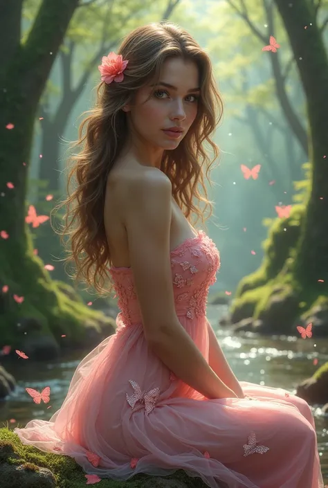 full body, beautiful woman, looking at the camera, wearing a pink leaf strapless dress, fresh and beautiful fantasy embossed leaves, beautiful and exquisite shiny colors, sitting by the stream, background of trees, wonderfully lush and green, beautiful nat...