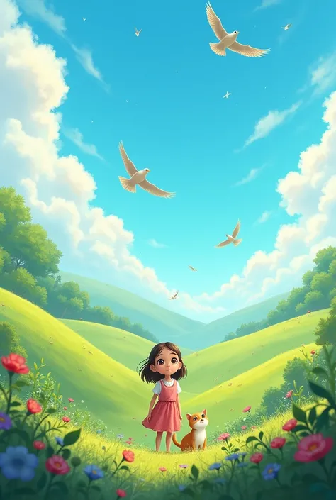 Earth full of abundance, Birds fly to the sky,A girl and a cat look at the world.