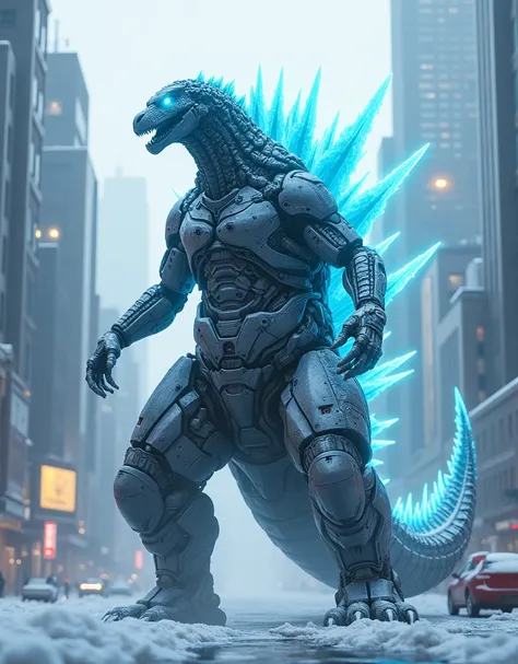 Futurestic robot GodZilla Glowing with blue glow eyes In city Winter season