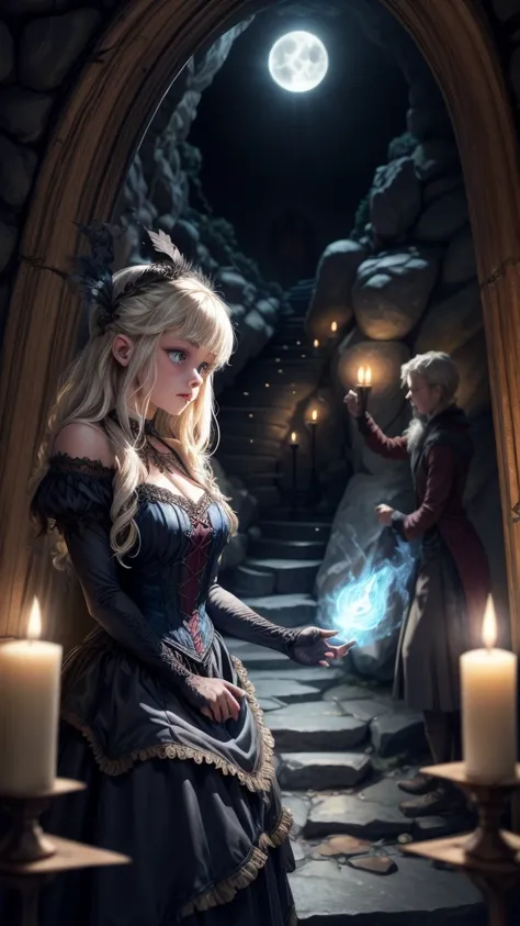 illustration of  Virginia Otis blonde hair blue eyes youngest cute face, from the Canterville Ghost, furtively observing a group of followers of the Goddess Freia who are celebrating a forbidden ritual inside a mysterious cave. We are sure that only a tale...