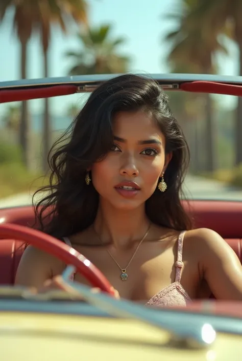 an extremely beautiful indian girl, age 25, is driving in a vintage, retro style convertible with palm trees, in the style of natalia rak, isaac maimon, artgerm, celebrity portraits with personality, bold saturation innovator, whimsical animation, outrun, ...