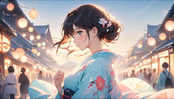 (Highest quality:1.2), Beautiful lo-fi minimalist vibe, Cute 1 Japan woman, Light bokeh, Soft colors, Sparkling, Dynamic Side Angle, Natural soft lighting, 8k resolution, shape, pastel four colors,kimono