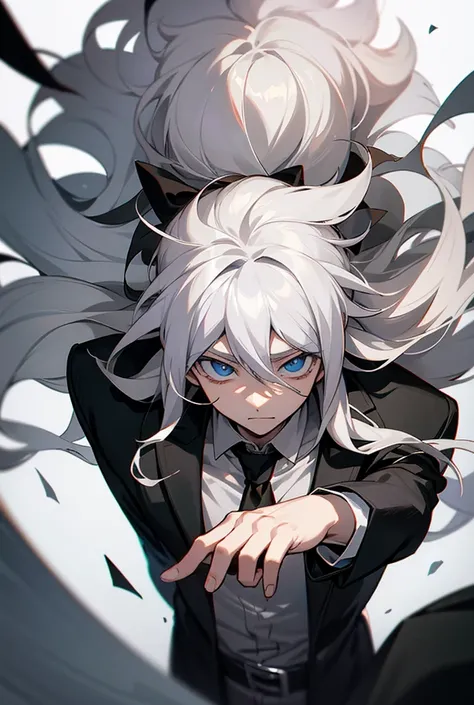 Anime style image of a man with long white hair and a black shirt., Nagito Komaeda, Detailed anime character art, Él tiene Gray hair oscuro., white hair, a silver hair mad, Gray hair, Handsome boy in Demon Slayer art, male anime character, handsome anime m...