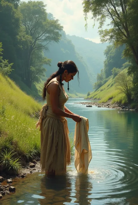 a pre colonial woman washing clothes in the banks of river