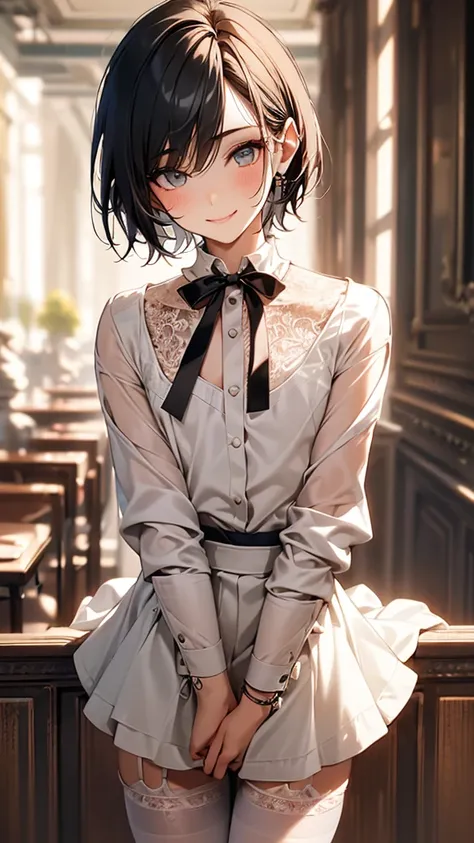 Best Quality, 1boy,Androgynous male,(Flat Chest:1.3),Black Hair,Short Bob Cut,White ruffled blouse,Lace long sleeves,Ribbon tie,Culottes skirt,mini skirt,Ribbon on waist,Vertical striped tights,Smiling Kindly,smile,Portraits, Quiet cafe terrace,autumn,Deta...