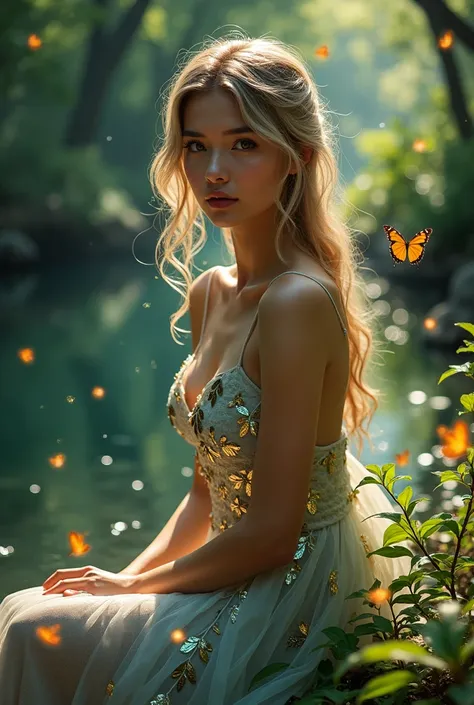 full body, beautiful woman, looking at the camera, wearing a pink short leaf strapless short  dress, fresh and beautiful fantasy embossed leaves, beautiful and exquisite shiny colors, sitting by the stream, background of trees, wonderfully lush and green, ...