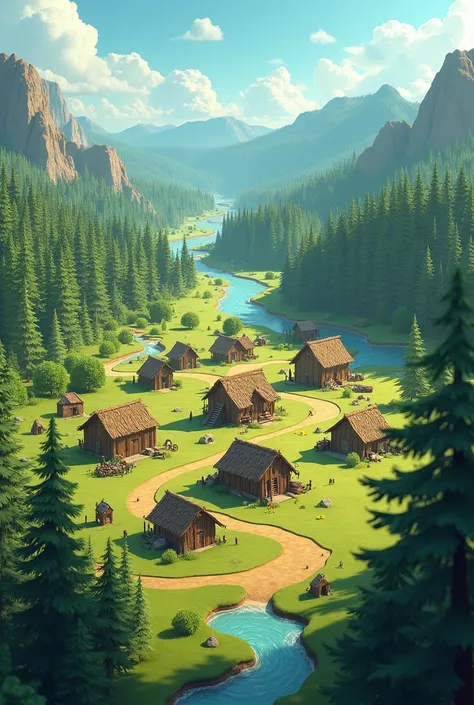 "Generate in cinematic 3d cartoon style" This village, approximately 10,000 years old, is considered a groundbreaking discovery in history."
Prompt: A vast, ancient village with primitive wooden huts and stone tools, set in a lush, green Canadian landscape...