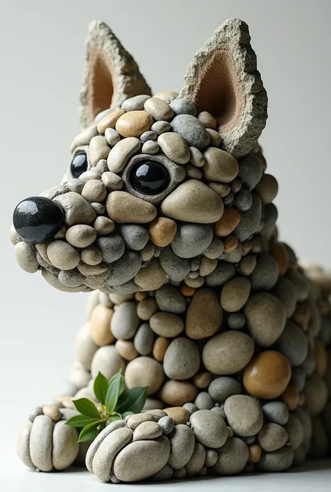 Create an image of a [dog]s head and upper shoulders made from an assortment of pebbles and stones, varying in size, shape, and color. The stones should be arranged to depict the different shades and textures of the [dog]s fur, with larger stones forming t...