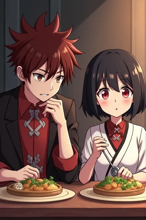 Demon Slayer anime character (Kimetsu no Yaiba) Rengoku Kyojiro, Flame Hashira, Flame Pillar. He sits next to a girl with short black hair and red eyes, the same age as the Flame Hashira, and they eat together.  