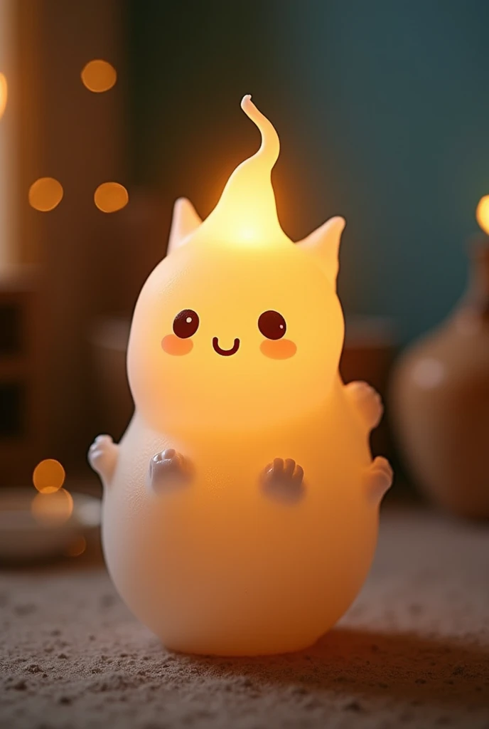 Create a 3d candle looks cute sami transparent glowing body with tiny lages and hands  , indoor bg , cute face 