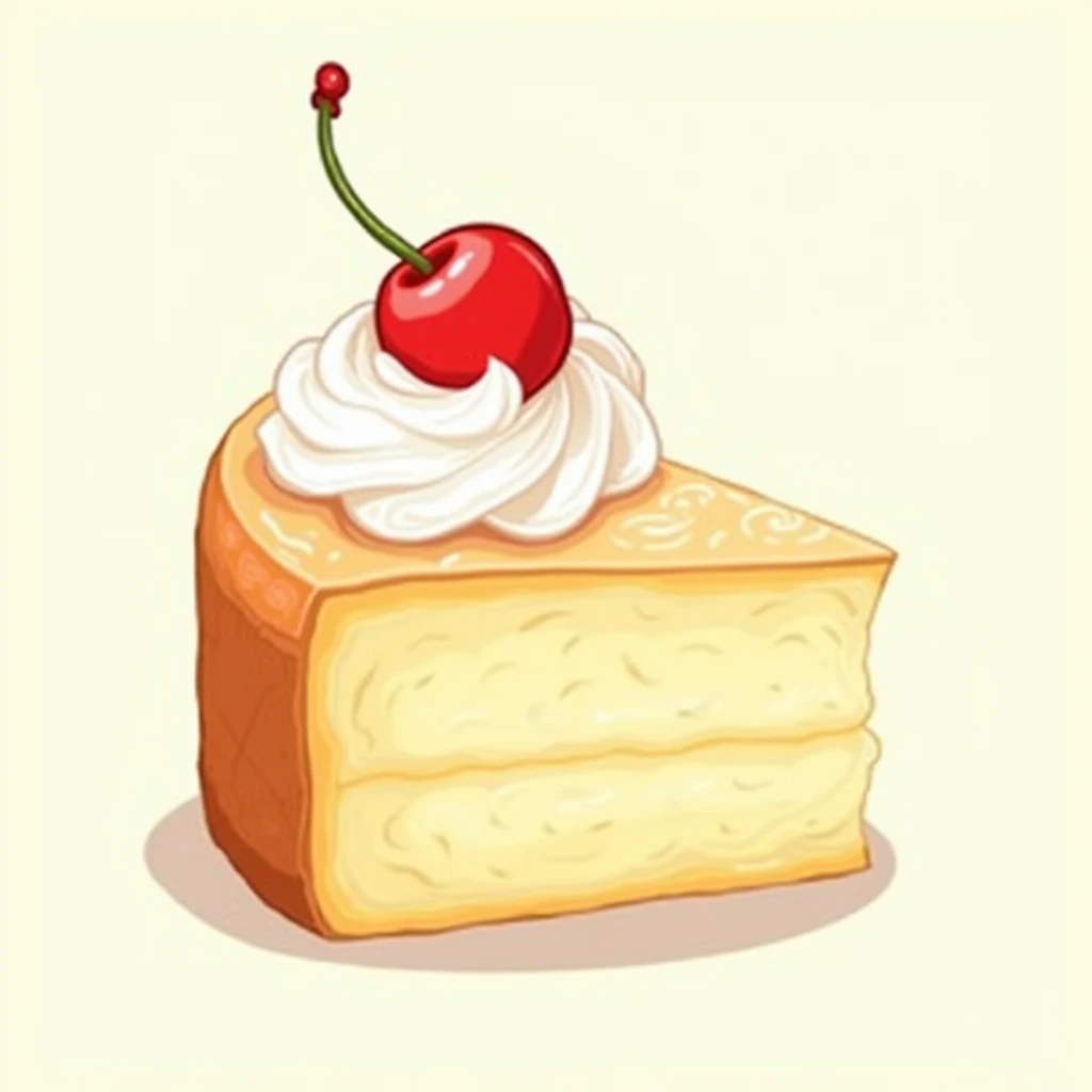 A cartoon drawing of a pie of cake with the cherry and wipping cream on top