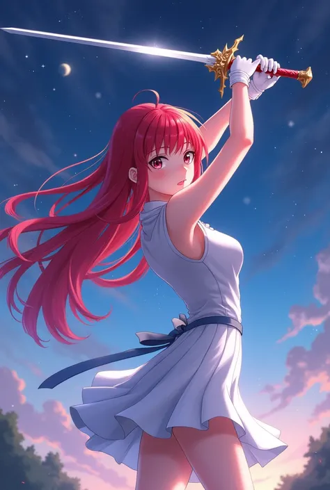 Red long hair anime girl，White Gloves，short skirt dress，Night sky，holy sword