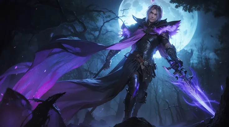 This is a dark fantasy illustration of a male character wielding a glowing purple sword. He is dressed in dark armor with purple accents and a long cape. He stands in a dark, foresty setting with the moon in the background.

The man is handsome, with a sha...