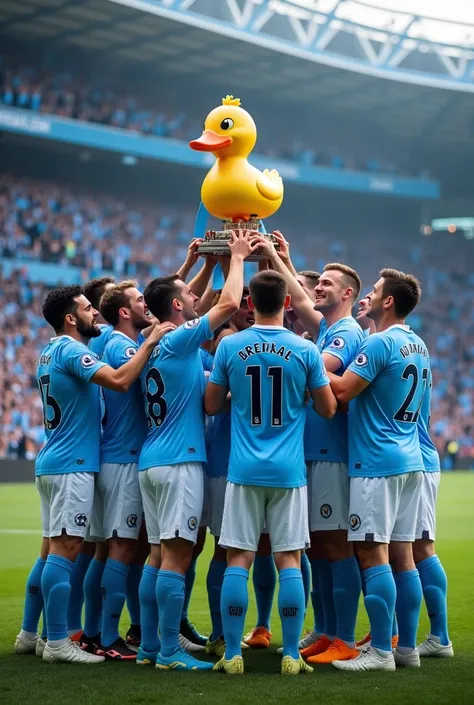 Manchester City team lifting the duck trophy 


