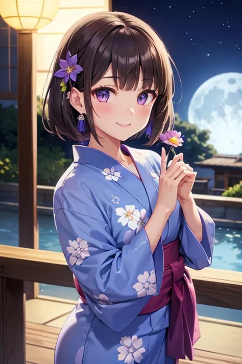 brown_hair, Sideburns, Medium Bob,Lift your bangs with your hands,Purple eyes, Bright Eyes, smile, One girl, Blue flower yukata,High school girl,Moon-shaped earrings