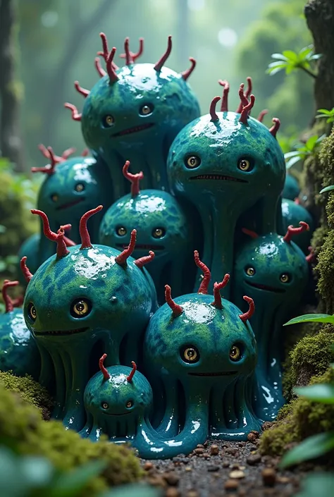 Many Slimes clustered in a valley ,in their liquid forms ,Ball format , advanced life form, human intelligence and adaptability , Unique power , total absorption of anything, elegant: rare elemental teeth, navy blue color ,green veins , red roots on the bo...