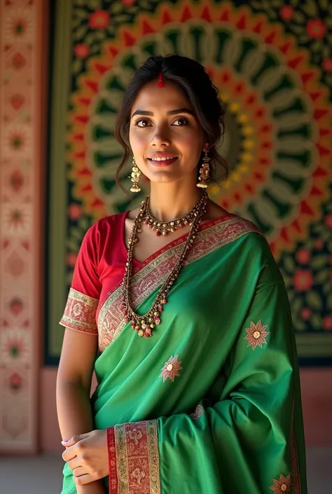 Green white Red and black backgrand   25 year one woman ready to travel in saree