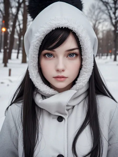 (best quality), 1girl, female, pale skin, (black hair), long hair, straight hair, grey eyes, perfect eyes, winter hat, winter coat, elegant, serious, normal bust, masterpiece, anatomically correct, highres
