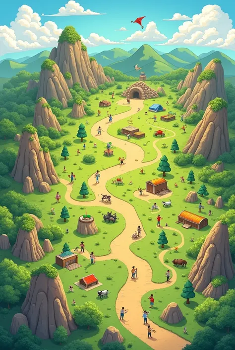 A global bird&#39;s-eye view of the grassland treasure map，Vector，Cartoon Style，Many peaks，Many routes，Wide range，Rich in details，Have a treasure box、Kite、Livestock、Other recreational facilities，some tourists，There should be arrows to indicate the route，Al...