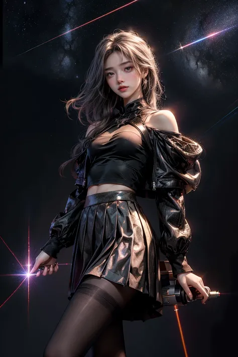 (masterpiece, Beautifully, Rich in details, Highest image quality) solitary, 1 girl, Color gradient hair, (skirt laser:1.2), Pantyhose, laser, Starry Sky, laser shining star, face camera
