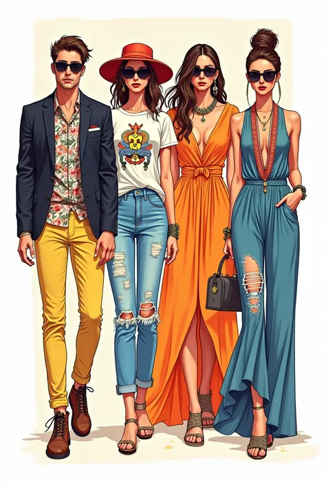 Illustrate male fashion figures two and two female fashion figure with summer clothes and simple background  . figures should be front full view with creative clothes more creative and fancy. Accessories